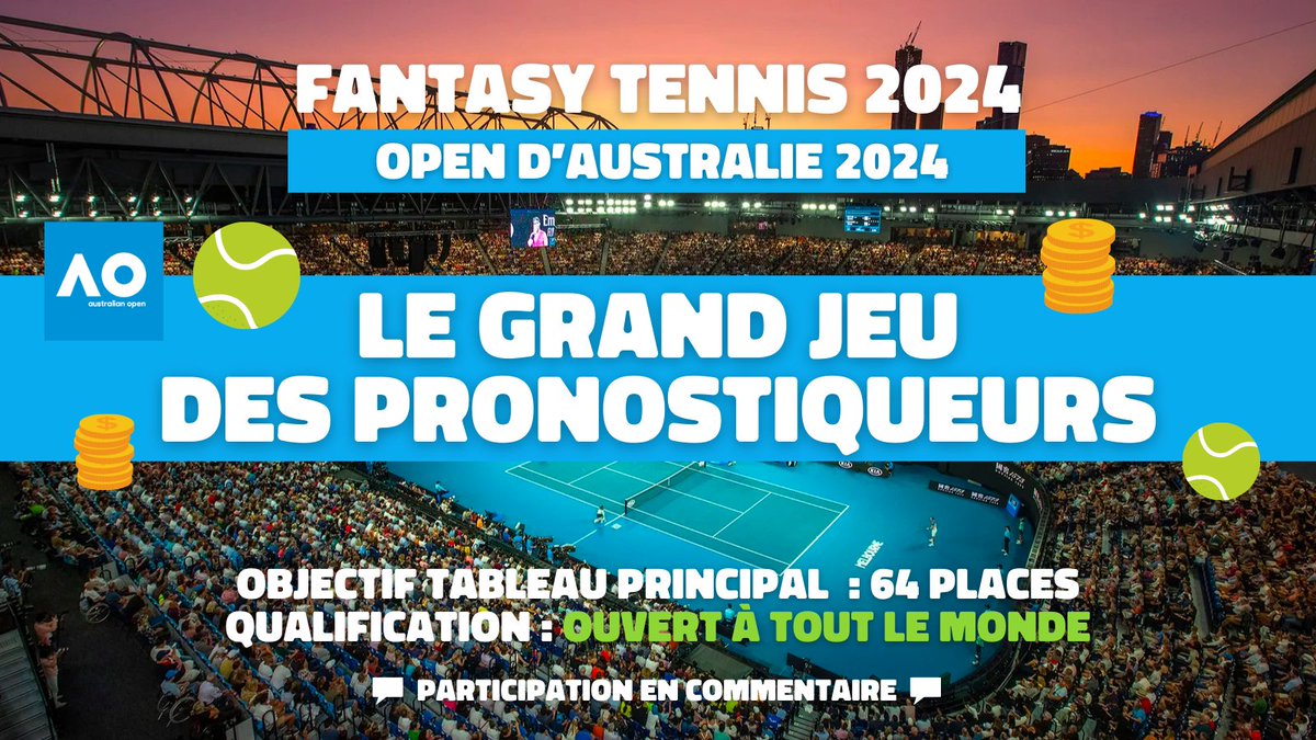 FauteDouble's tweet photo. 🏆 FANTASY TENNIS 🏆
🟦 AO24 🎾

📣 JEU CONCOURS DE PRONO 
💶 FREEBETS ET TENUE HEAD 🎁

Pour jouer au jeu :
🔄 RT + ✍️ TES PRONOS (en comm'💬)
(écrire juste le vainqueur du match)

🇦🇺O'CONNELL🆚🇨🇱GARIN
🇺🇸PARKS🆚🇺🇦SNIGUR
🇺🇸TIAFOE🆚🇭🇷CORIC

(64 PLACES DISPOS)

À TOI DE JOUER ⬇️ https://t.co/EkSyUHZwgC