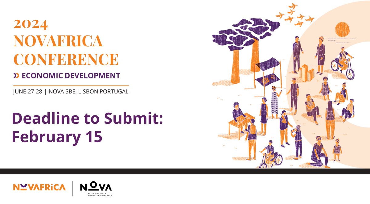 NOVAFRICA (@novafrica) on Twitter photo 🚨 Call for Papers 🚨
2024 @NOVAFRICA Conference on Economic Development
<a href="/NovaSBE/">NovaSBE</a> on June 27-28
Submit your paper by Feb 15: bit.ly/3Hffiff
Keynotes:
Seema Jayachandran <a href="/seema_econ/">Seema Jayachandran</a>
David McKenzie <a href="/dmckenzie001/">David McKenzie</a>
Chris Udry <a href="/chrisudry/">Christopher Udry</a>
#NOVAFRICA2024
#EconTwitter 🚨 Call for Papers 🚨
2024 @NOVAFRICA Conference on Economic Development
<a href="/NovaSBE/">NovaSBE</a> on June 27-28
Submit your paper by Feb 15: bit.ly/3Hffiff
Keynotes:
Seema Jayachandran <a href="/seema_econ/">Seema Jayachandran</a>
David McKenzie <a href="/dmckenzie001/">David McKenzie</a>
Chris Udry <a href="/chrisudry/">Christopher Udry</a>
#NOVAFRICA2024
#EconTwitter