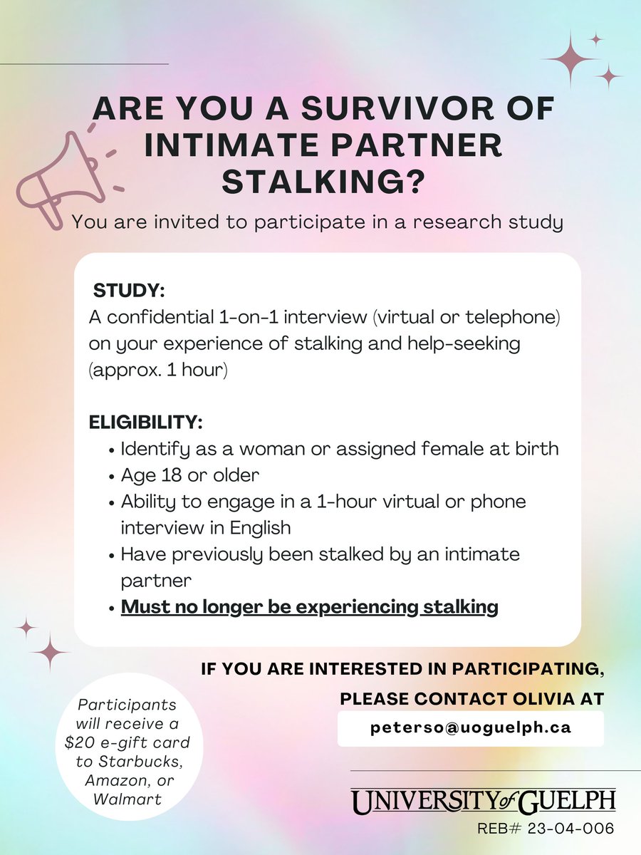 It's not too late to participate in this study! Please share widely! #intimatepartnerstalking #SAM2024 #NSAM2024 #stalkingawarenessmonth #criminalharassment #GBV #stalkingresearch @uofg @UoGSoc_Anthro