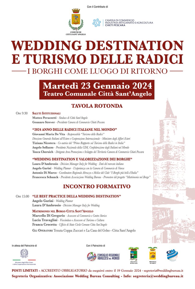 WEDDING DESTINATION E TURISMO DELLE RADICI
— i borghi come luogo di ritorno —

Martedì 23 gennaio 2024
Teatro Comunale Città Sant'Angelo

Tavola rotonda (ore 9:30) e incontro formativo (ore 15:00)

Maggiori informazioni 👇
visitcittasantangelo.it/evento/wedding…