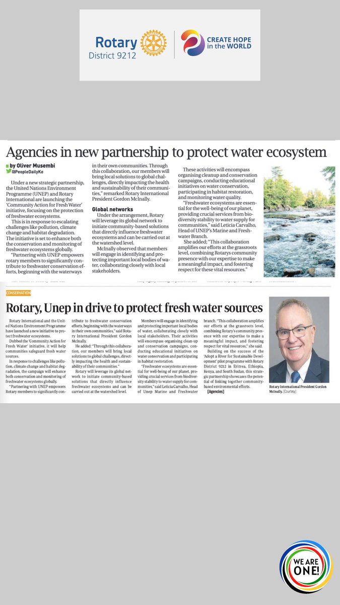 We are excited to announce a groundbreaking partnership with the United Nations Environment Programme (UNEP). Together, we have committed to conserving and restoring freshwater bodies, making a significant impact on our planet's well-being. 🌍💙

'Rotary actively fosters