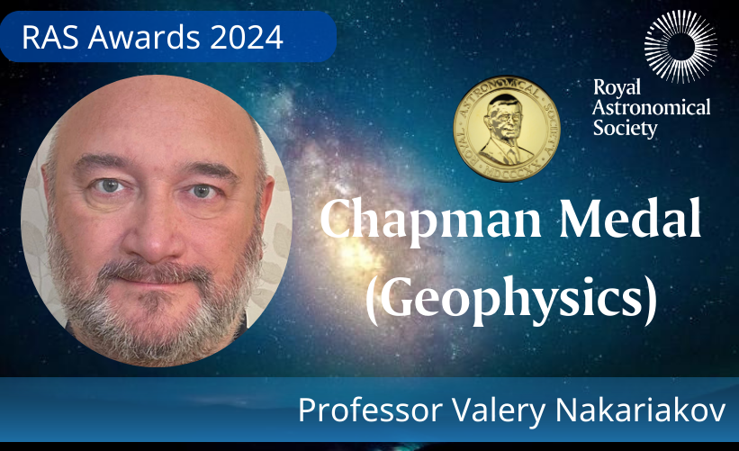 RoyalAstroSoc's tweet photo. The Chapman Medal for #Geophysics has been awarded to Professor Valery Nakariakov of @uniofwarwick.

It recognises investigations of outstanding merit in the science of the Sun, space and planetary environments or solar-terrestrial physics.

👏👏

#RASawards https://t.co/oslzms3iOf