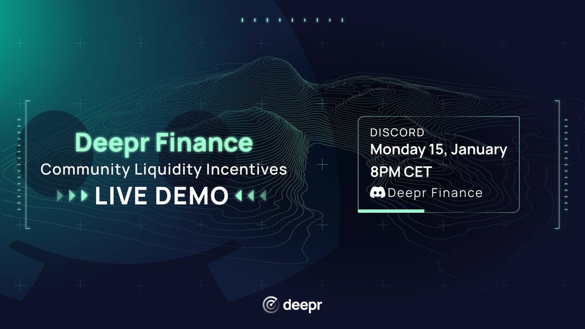 DeeprFinance's tweet photo. π Missed our https://t.co/Q7q7wnvHNT Launch Live Demo or faced technical hitches? π
No worries! Join us this Monday 15th at 8PM CET for another exciting Live Demo, coinciding with the launch of our liquidity community incentives! π Mark your calendars!
https://t.co/9ZOjEiFZXw
π Now's the perfect time to add liquidity to #DeeprFinance. Remember, the earlier you join in the first week, the more rewards you stand to gain!
Don't miss this opportunity to be part of the Deepr revolution and maximize your rewards! π
#DeeprLaunch #DeFi #Shimmer #IOTA #USDT #SMR #DEEPR #Crypto