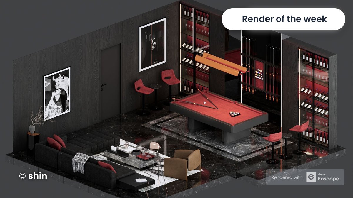 Congratulations to our winner, shin, for their latest #RenderOfTheWeek title! Take a look at this stunning 3D floor plan rendering of a dark and sophisticated billiard room. 🎱 Do #OrthographicViews play a big role in your design workflow?