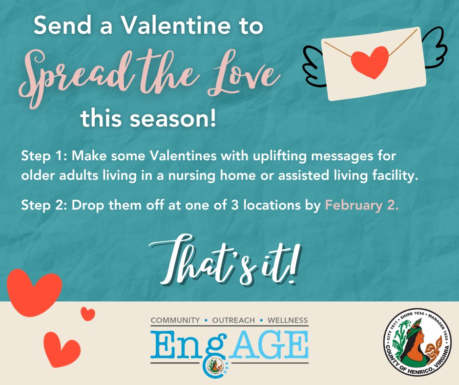 Looking to make a difference this season? We've got just the crafty solution! ✏️

The Henrico County Advocate for the Aging's Office is holding the fourth annual Valentine's Day "Spread the Love" event! The best part? Anyone can spread the love.