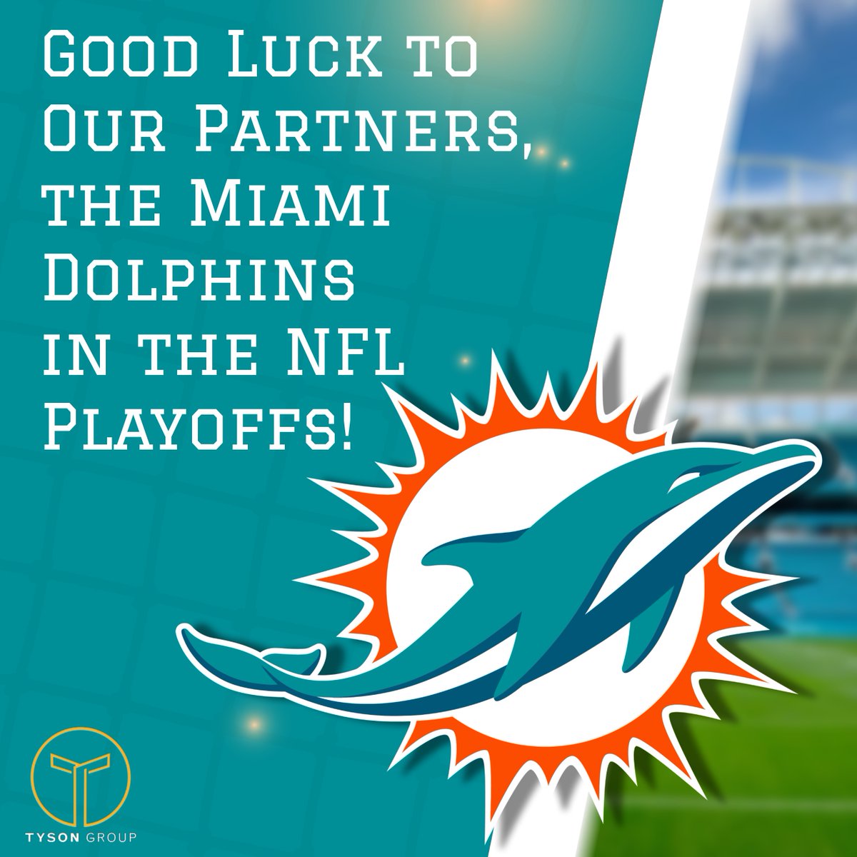 Tyson_Group's tweet photo. Dive into victory, @MiamiDolphins! 🐬🏈 Wishing our partners all the success in the NFL playoffs. May every play bring you closer to the championship. Let's make some waves! 🌊💪 #PlayoffPride #FinsUp #TysonGroup #NFL https://t.co/jtNOLWOMGM