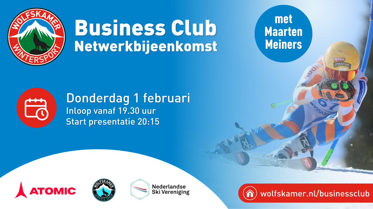 Netwerkbijeenkomst Wolfskamer Business Club met <a href="/MaartenMeiners/">Maarten Meiners</a> . Ook niet leden zijn van harte welkom!

Donderdag 1 februari om 19:30 uur. Kijk voor meer informatie en voorwaarden op:
wolfskamer.nl/wbc_maarten_me…

#Wintersport, #Netwerkbijeenkomst, #Businessclub,#Skiën, #Slalomskïen