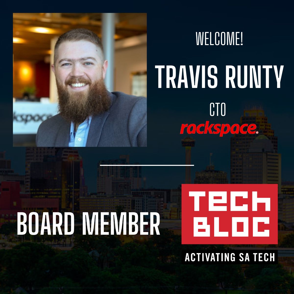 SATechBloc's tweet photo. It is #FeatureFriday! 💥
We'd like to give a public formal welcome to new Tech Bloc board members 🚀
Meet @trunty, CTO of Rackspace Technology. Travis has a strong track record of successfully building and leading high-performance engineering teams.
Welcome Travis! 👏🏼 https://t.co/f1Pn0Dbn1Q
