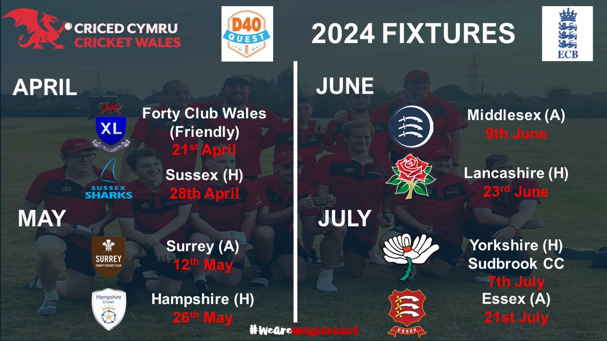 📣 The Fixtures are in for our D40 Side! 📣

After gaining Promotion back up to the D40 Quest League last year, we start our League Campaign at Home to Sussex on April 28th 🦈  

Let’s go 2024! 💪🏻

🏏🏴󠁧󠁢󠁷󠁬󠁳󠁿🐉🔴🔵 | #WeAreWelshCricket