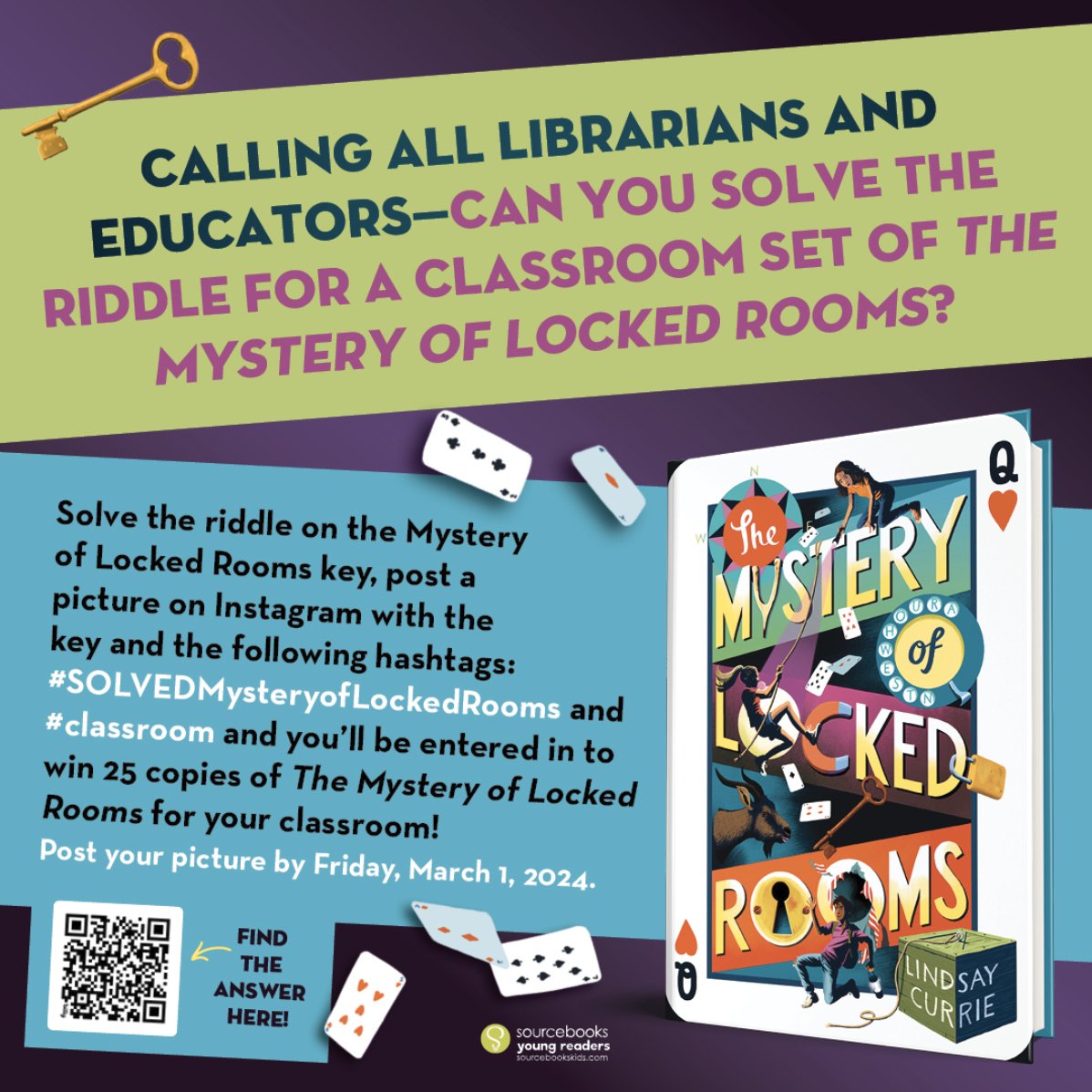 EDUCATORS!!! My publisher, @SourcebooksKids, is giving away a full 25 copy classroom set of THE MYSTERY OF LOCKED ROOMS! See image for how to enter, & use link to download your 🗝️! dropbox.com/scl/fi/smrjuem…