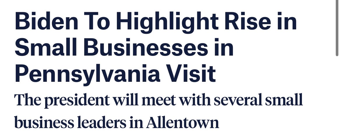 🔔TODAY - @POTUS heads to Allentown area on the heels of new data showing a record, 16 million small business applications filed since he took office. He’ll meet with small businesses owners and shed a spotlight on how Allentown - like so many communities - is coming back. 1/