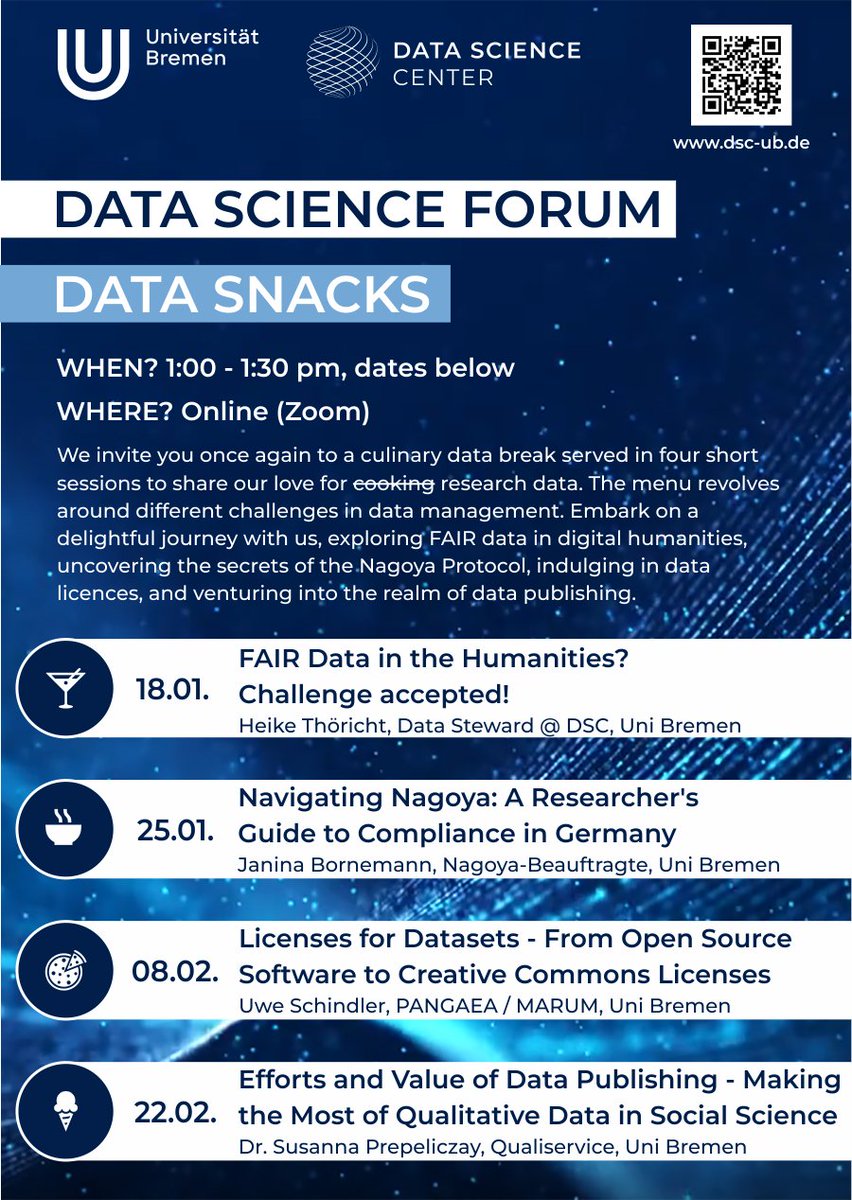 We are excited to kick off our new #DataSnacks series this Thursday🍪🚀
#CoffeeLecture

Don't miss out on this bite-sized learning opportunity served in four sessions! 

We start with:

'#FAIRData in the #Humanities? Challenge accepted!'

Join us in Zoom➡️dsc-ub.de/verant_detail.…