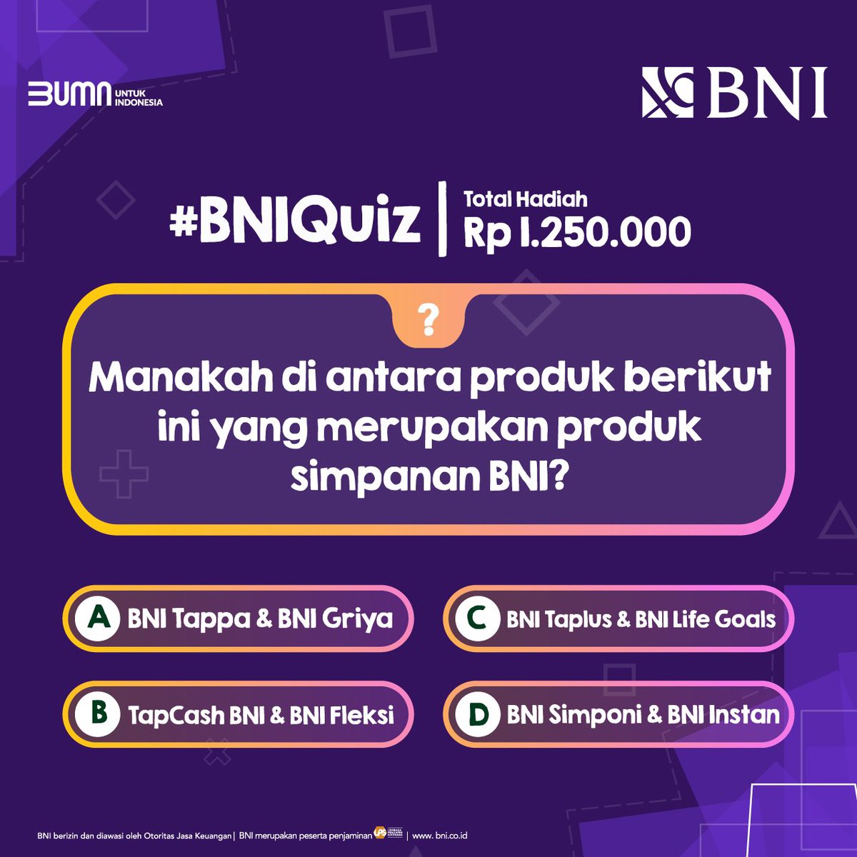 BNI's tweet photo. Permisi, mau kasih soal #BNIQuiz nih guys, pada ikutan yah😉

Nanti 5 orang yang beruntung bisa bawa pulang total hadiah Rp1.250Juta💰

Jangan lupa buat like &amp; repost tweet ini,  sertakan #BNIQuiz pada jawaban kamu dan pastikan punya rekening BNI atas nama sendiri ya gus! https://t.co/tv3uGv9cfM