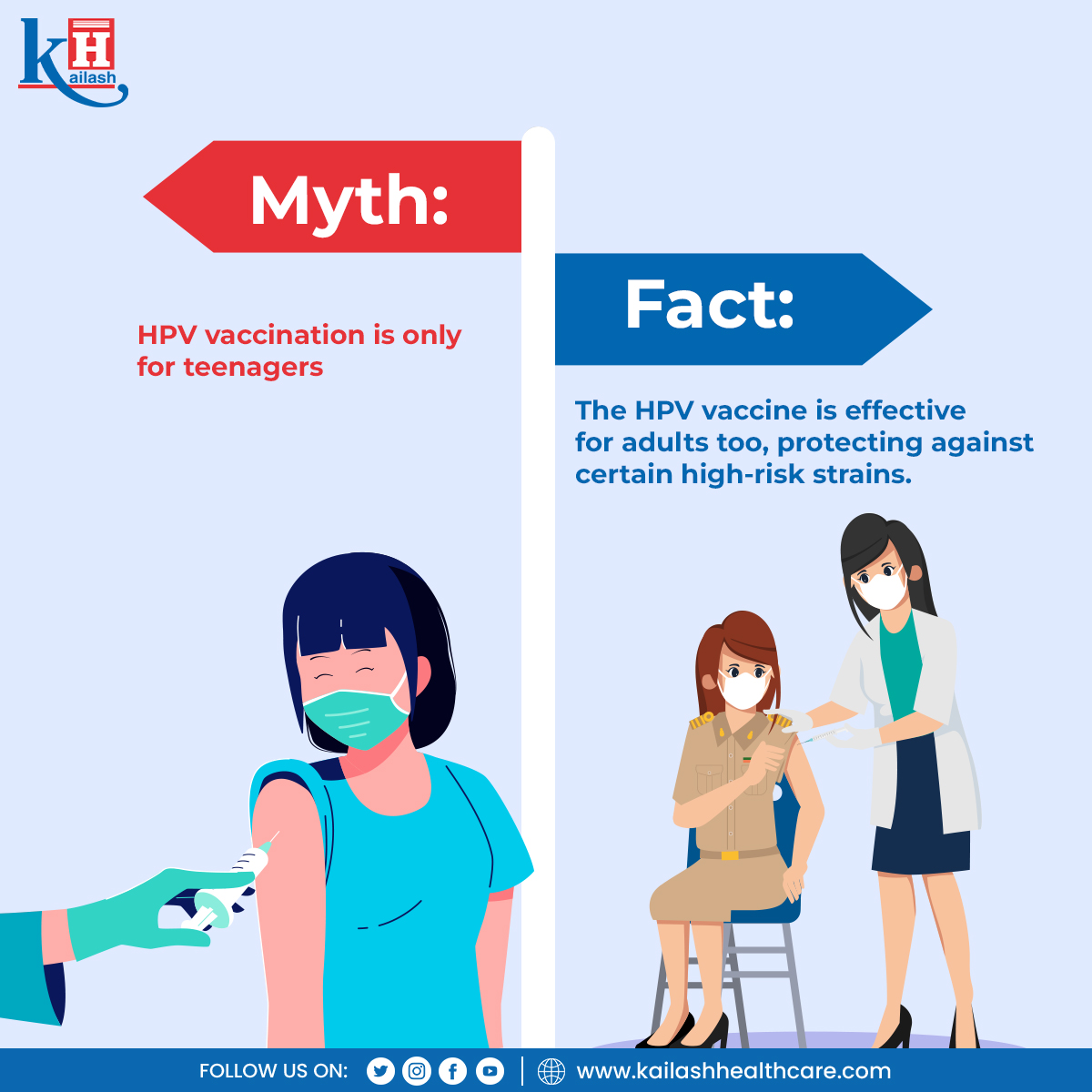KailashHealth's tweet photo. The HPV vaccine isn't just for teens!
Recent studies confirm its effectiveness in adults too, providing a crucial defense against Cervical Cancer & HPV-related infections. Get vaccinated!
Consult our Obst & Gynaecologists: https://t.co/A6XrdCFVhd
#mythfacts #HPVVaccine #HPVInfection #CervicalCancerPrevention #cancercare #VaccinesSaveLives #KailashHospital