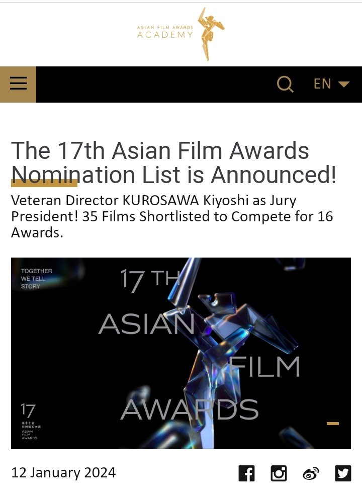 envyofyibo's tweet photo. The 17th Asian Film Awards official site

Wang Yibo received Best Newcomer award nomination in the 17th Asian Film Awards for his acting performance as Mr Ye in #HiddenBlade! Congrats🥳

#WangYibo #王一博 #WangYibo王一博 https://t.co/xObbbrmIg9