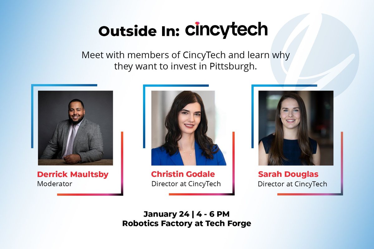 @Cincy_Tech is coming to IW for Outside In on 1/24, & you're invited to delve into their investment strategies. Moderated by Derrick Maultsby, this panel is your chance to learn from CincyTech’s Sarah Douglas & Christin Godale, PhD. Register today: buff.ly/41OT39t