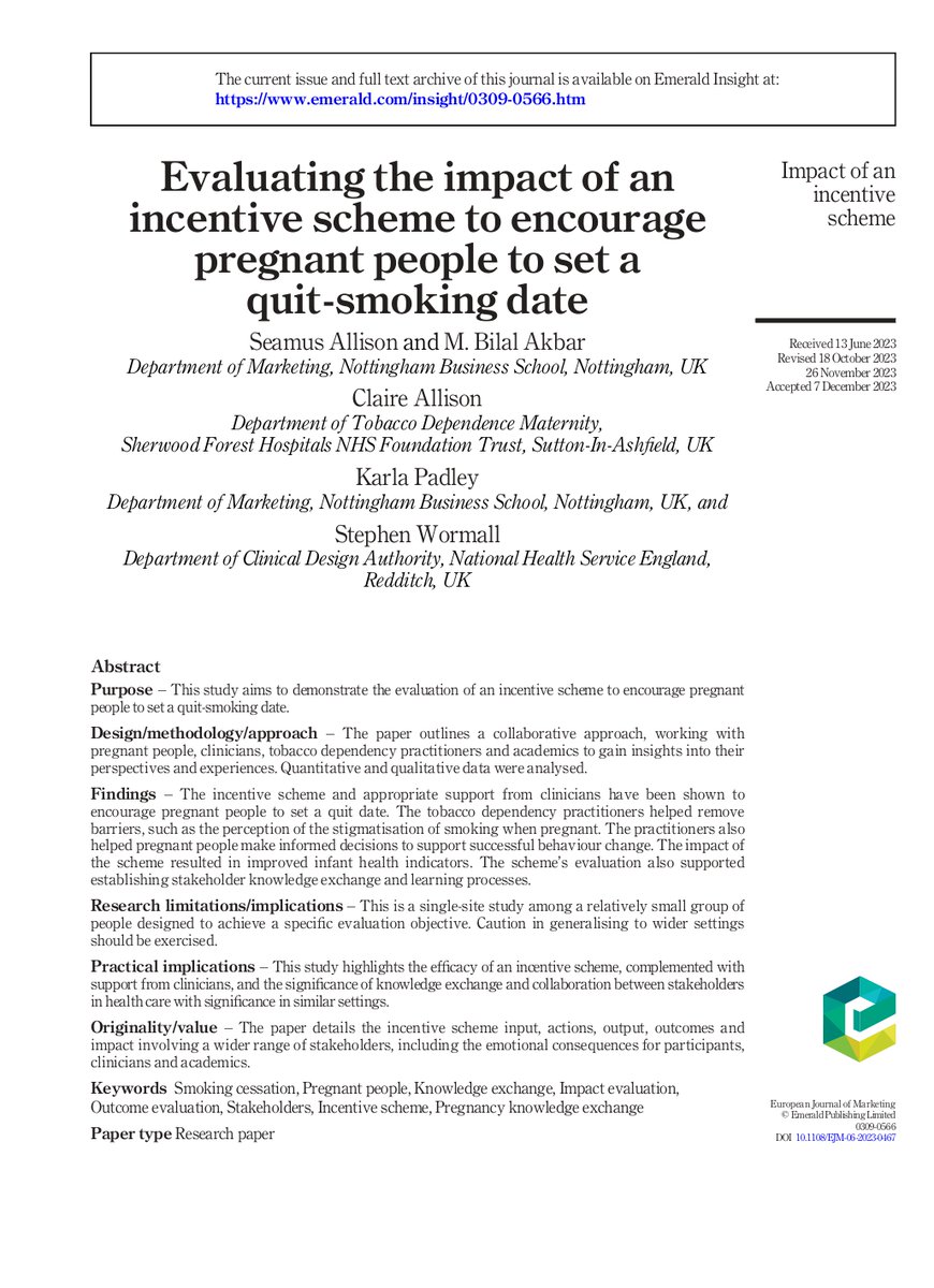 Marketing and Consumer Studies Research Centre (@mktresearchnbs) on Twitter photo #Publicationalert! Our colleagues <a href="/SeamusAllison/">Seamus Allison</a> @BilalAkbarM & Karla Padley and practitioners Claire Allison & Stephen Wormall from <a href="/SFHFT/">Sherwood Forest Hospitals NHS FT</a> <a href="/NHSEngland/">NHS England</a> provide evidence of how a smoking-quitting initiative is leading to positive behavioural outcomes.
👉
emerald.com/insight/conten… #Publicationalert! Our colleagues <a href="/SeamusAllison/">Seamus Allison</a> @BilalAkbarM & Karla Padley and practitioners Claire Allison & Stephen Wormall from <a href="/SFHFT/">Sherwood Forest Hospitals NHS FT</a> <a href="/NHSEngland/">NHS England</a> provide evidence of how a smoking-quitting initiative is leading to positive behavioural outcomes.
👉
emerald.com/insight/conten…