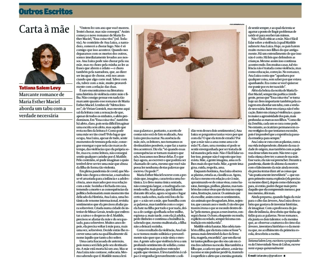 Texto lindo e comovente de <a href="/LevySalem/">Levy 🇸🇦🇮🇱🕎🧡🎗️</a> para <a href="/memaciel/">Maria Esther Maciel</a> publicado no <a href="/valoreconomico/">Valor Econômico</a> de hoje. Aqui o link para leitura: valor.globo.com/eu-e/coluna/ca… @todavialivros