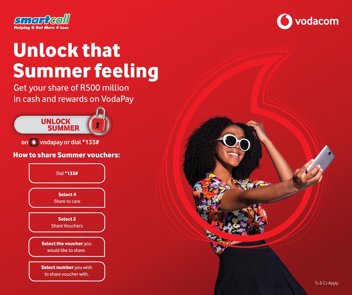 SmartcallVSP2's tweet photo. #UnlockYourSummer Stand a chance to win data bundles, inverters, fuel vouchers, and more.
Get your share of R500 million in cash and rewards. Download and use the VodaPay App https://t.co/fJ30CUvMCa
#UnlockYourSummer https://t.co/sXyCYkC6MC