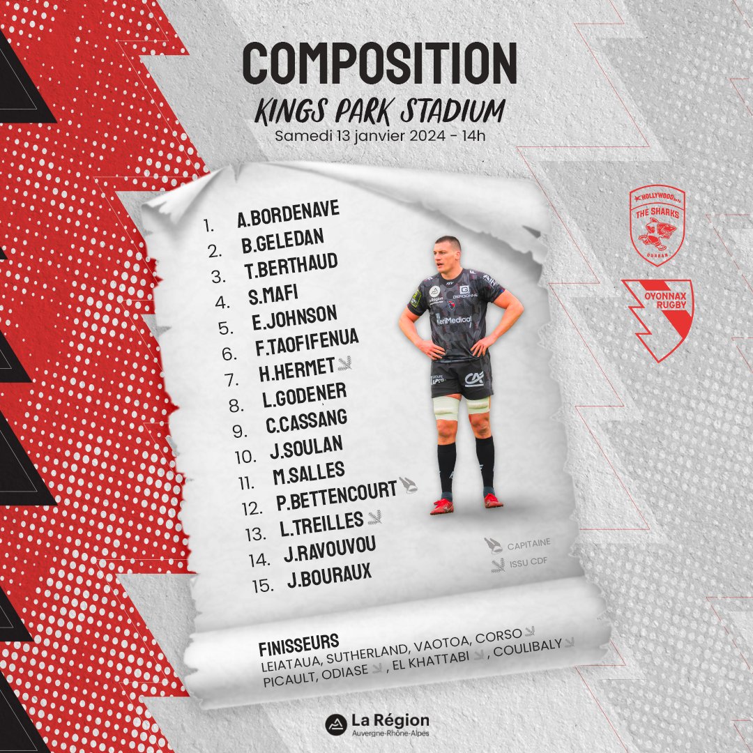 Oyonnax Rugby (@oyonnaxrugby) on Twitter photo 📜 𝗧𝗘𝗔𝗠 𝗢𝗬𝗢 I avec la Région <a href="/auvergnerhalpes/">Auvergne-Rhône-Alpes</a>
🏆 <a href="/ChallengeCup_/">EPCR Challenge Cup</a> J.3
🆚 <a href="/SharksRugby/">The Sharks</a>
🏟️ Kings Park Stadium
🗓️ Samedi 13 Janvier
⏱️ 14h
#ChallengeCup #SHAvOYO #TousOyomen 📜 𝗧𝗘𝗔𝗠 𝗢𝗬𝗢 I avec la Région <a href="/auvergnerhalpes/">Auvergne-Rhône-Alpes</a>
🏆 <a href="/ChallengeCup_/">EPCR Challenge Cup</a> J.3
🆚 <a href="/SharksRugby/">The Sharks</a>
🏟️ Kings Park Stadium
🗓️ Samedi 13 Janvier
⏱️ 14h
#ChallengeCup #SHAvOYO #TousOyomen