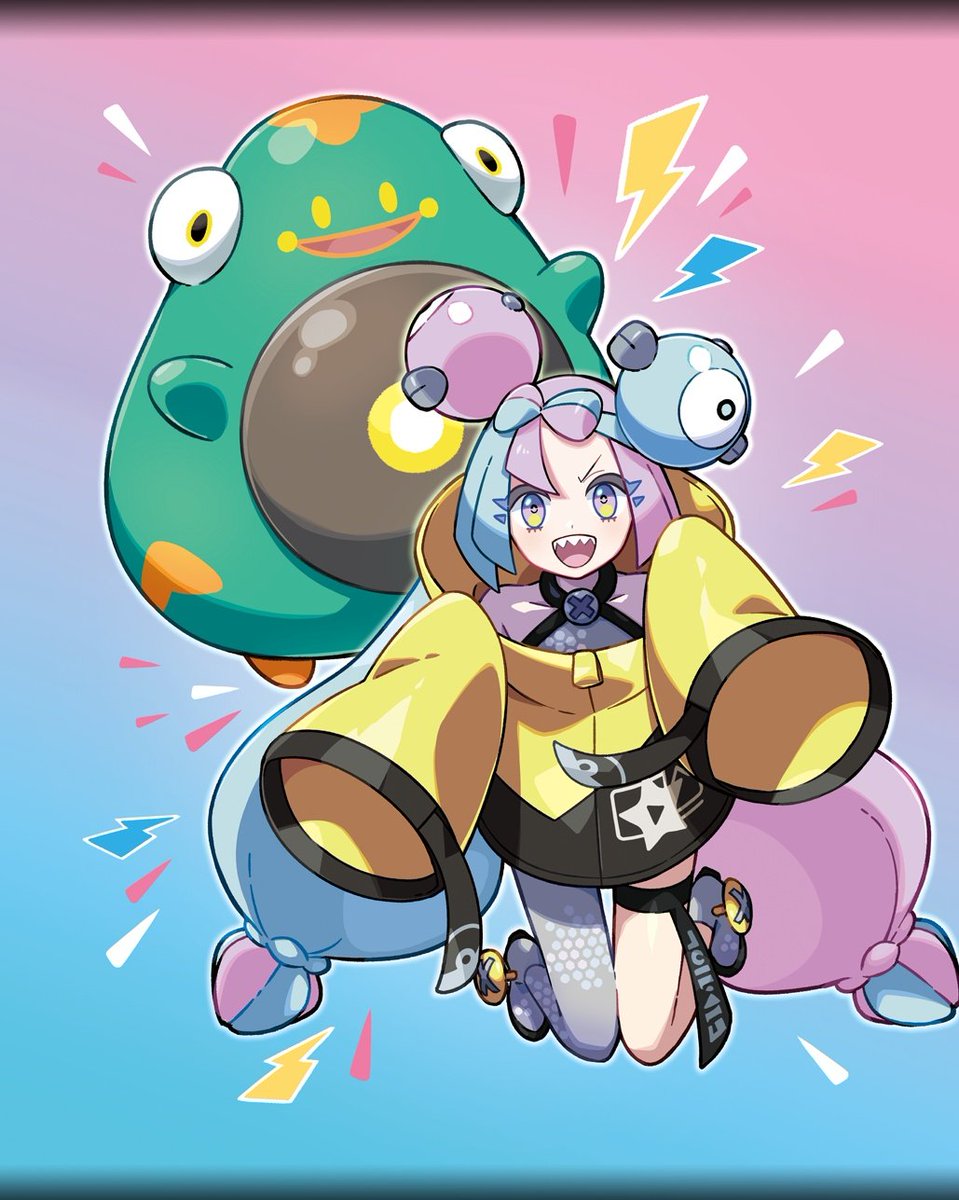 WikiDexOficial's tweet photo. Ilustración oficial de e-Nigma y Bellibolt, que desde hoy actúa como nueva pantalla de carga de Pokémon Masters. https://t.co/SIOPuvb73I