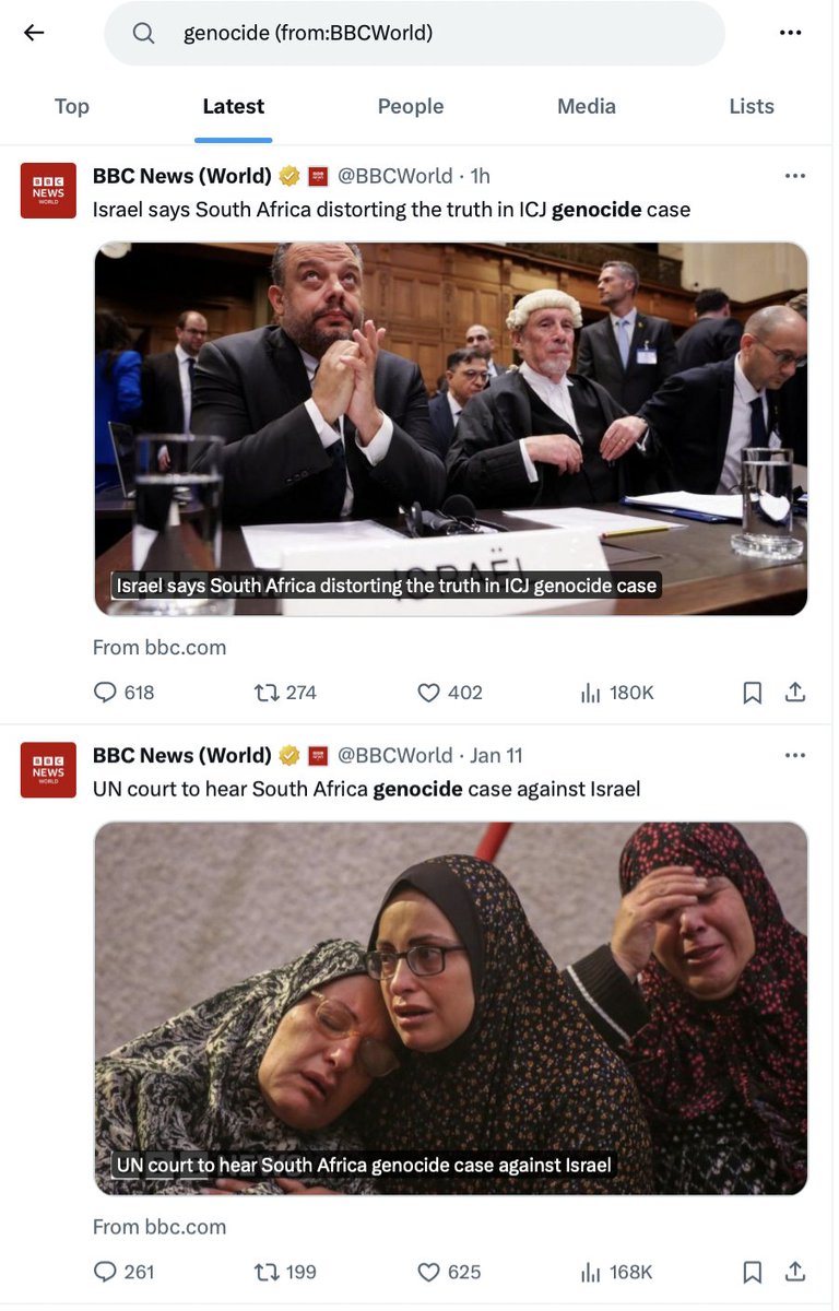 CeilNoyle's tweet photo. A textbook case in propaganda from @bbcworld

Jan 11th: they announce the court is 'to hear' South Africa's genocide case against Israel, but don't actually report on its substance

Jan 12th: they report exactly what Israel's defence is arguing (that SA is 'distorting the truth') https://t.co/CyyZU6KG7A