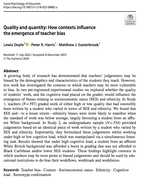 New paper. Teachers' implicit SES and ethnicity biases were more likely to emerge when assessing low-quality work (S1) and when working under high cognitive load/overworked (S2). Clear advantages for White middle-class students. @MattEasters @profprharris doi.org/10.1007/s11218…