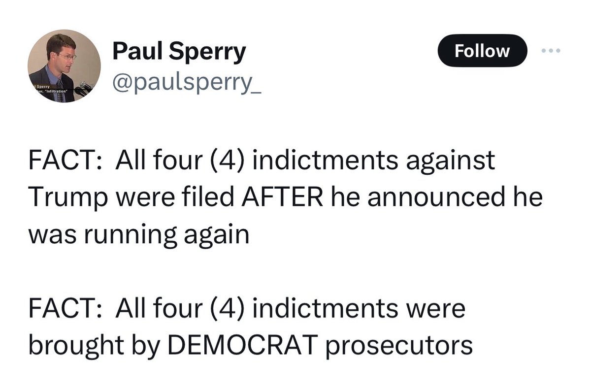 JoJoFromJerz's tweet photo. FACT: Cyrus Vance (NY DA at the time) began issuing subpoenas in the hush money payment case in August of 2019.

FACT: Fani Willis launched her investigation into Trump in 2021.

FACT: The United States House Select Committee on the January 6 Attack opened their investigation in July of 2021.

FACT: Letitia James opened her NYC business fraud investigation into Trump in 2019.

FACT: The National Archives first asked Donald Trump to return the classified documents he took in May of 2021.
He only returned some, not all. So, in March of 2022, the FBI opened an investigation. That August, they searched Mar-a-Lago.

Donald Trump announced his candidacy on November, 15, 2022.

FACT: all four (4) investigations into Trump were undertaken BEFORE he ever announced he was running again.

FACT: He’s not being indicted in the middle of his campaign, he’s campaigning in the middle of his indictments.
