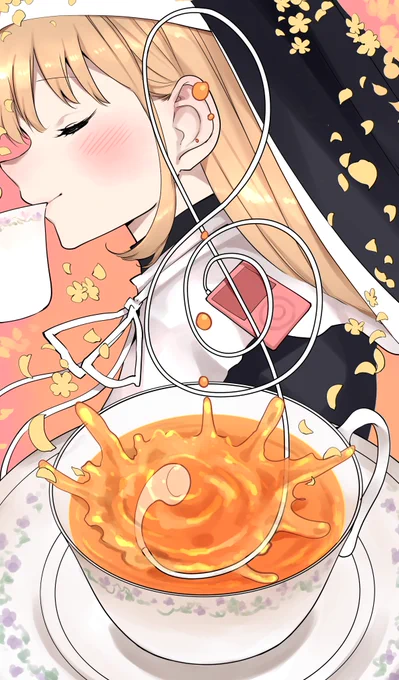 『それはまさに音のダージリン』  イヤホンを紅茶に漬けたクレアさん  #描いたよクレアさん