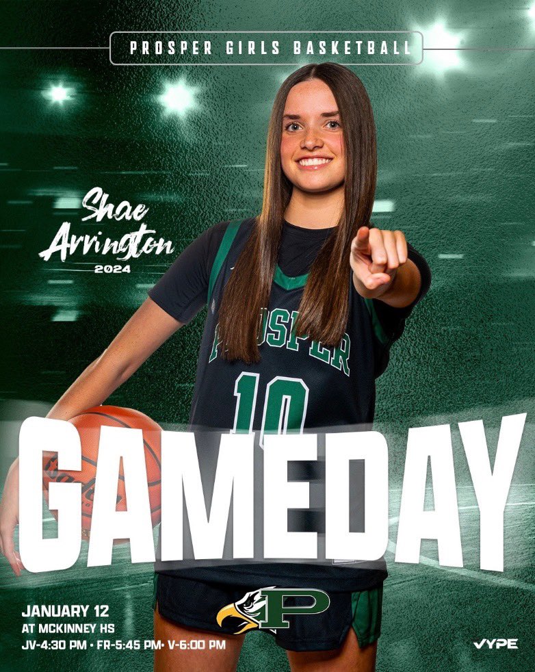 ‼️🏀GAMEDAY🏀‼️
🦅 Prosper Girls Basketball 
🆚 McKinney
🗓️ Friday, January 12th
📍 McKinney HS
⏰ Varsity: 6:00 PM 
⏰ JV: 4:30 PM
⏰ 9th: 5:45 PM