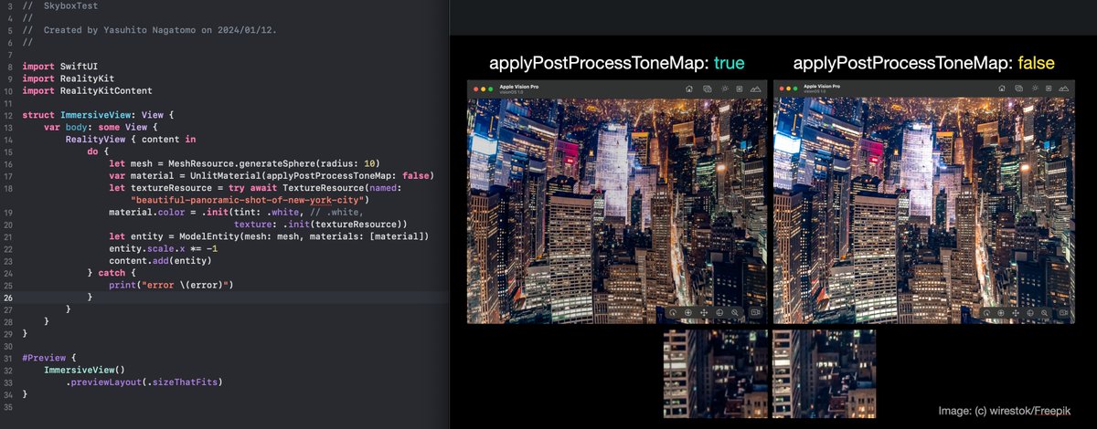 visionOS: applyPostProcessToneMap🌛
Cannot say which is better, true or false. Try both with your image.
WWDC23 Explore rendering for spatial computing👉developer.apple.com/videos/play/ww…