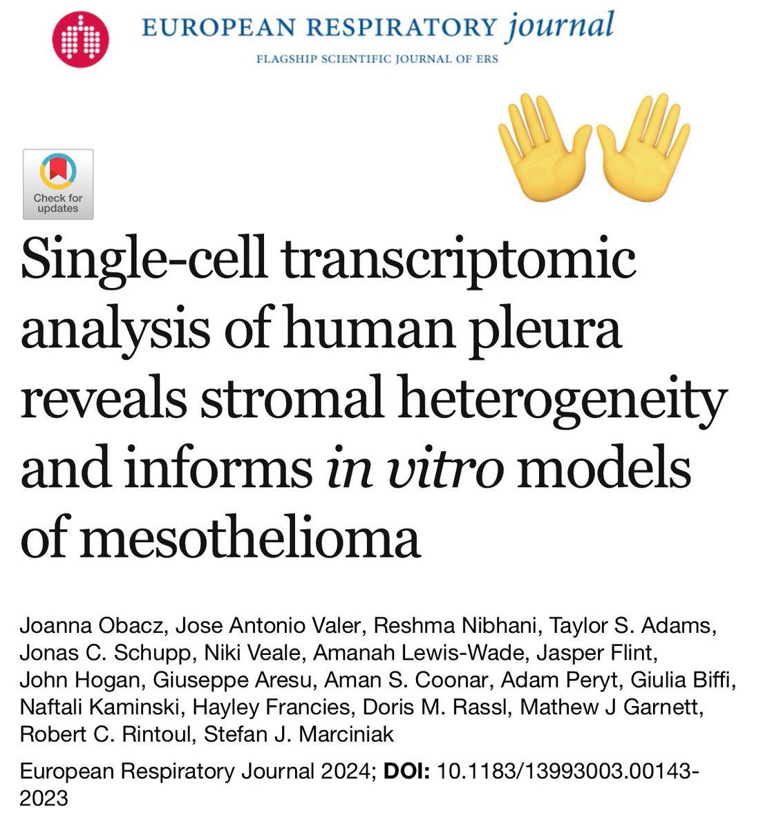 Finally out! The first ever single cell atlas of the human pleura! Everything you ever wanted to know about mesothelioma cells! Kudos to Dr. Joanna Obacz , Prof Marciniak and team!! see paper here erj.ersjournals.com/content/early/… and 🧵from the great @Prof_Marciniak 👇🏼