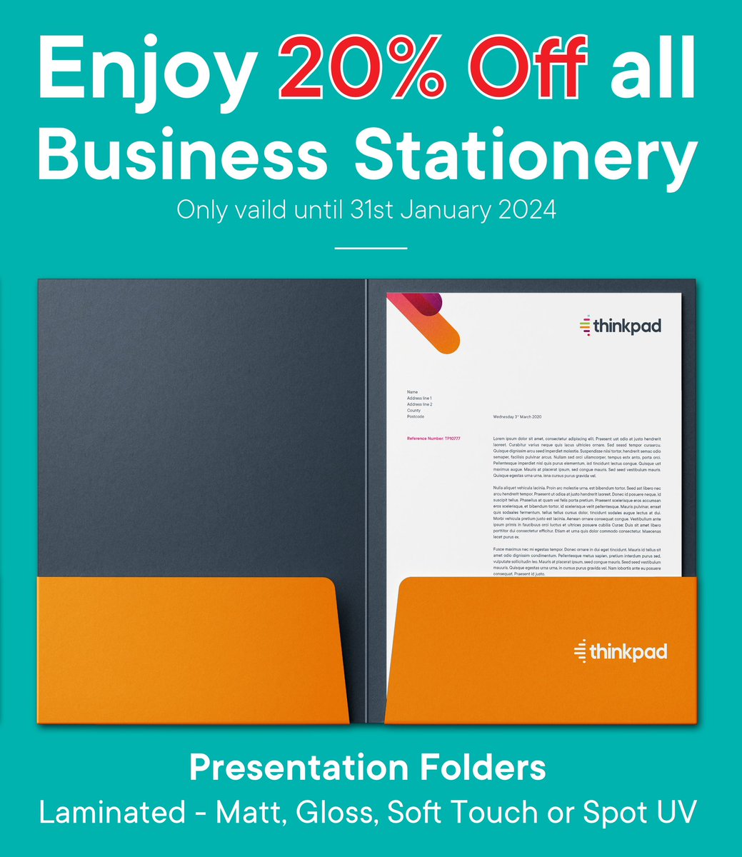 Presentation Folders are part of OUR DEAL OF THE MONTH - 20% OFF business stationery until 31st January 2024✨
_____________________________________

Email: info@think-pad.co.uk 
Tel: 01959 573 897
✨
#businessstationery #business #newbusiness #presentationfolders