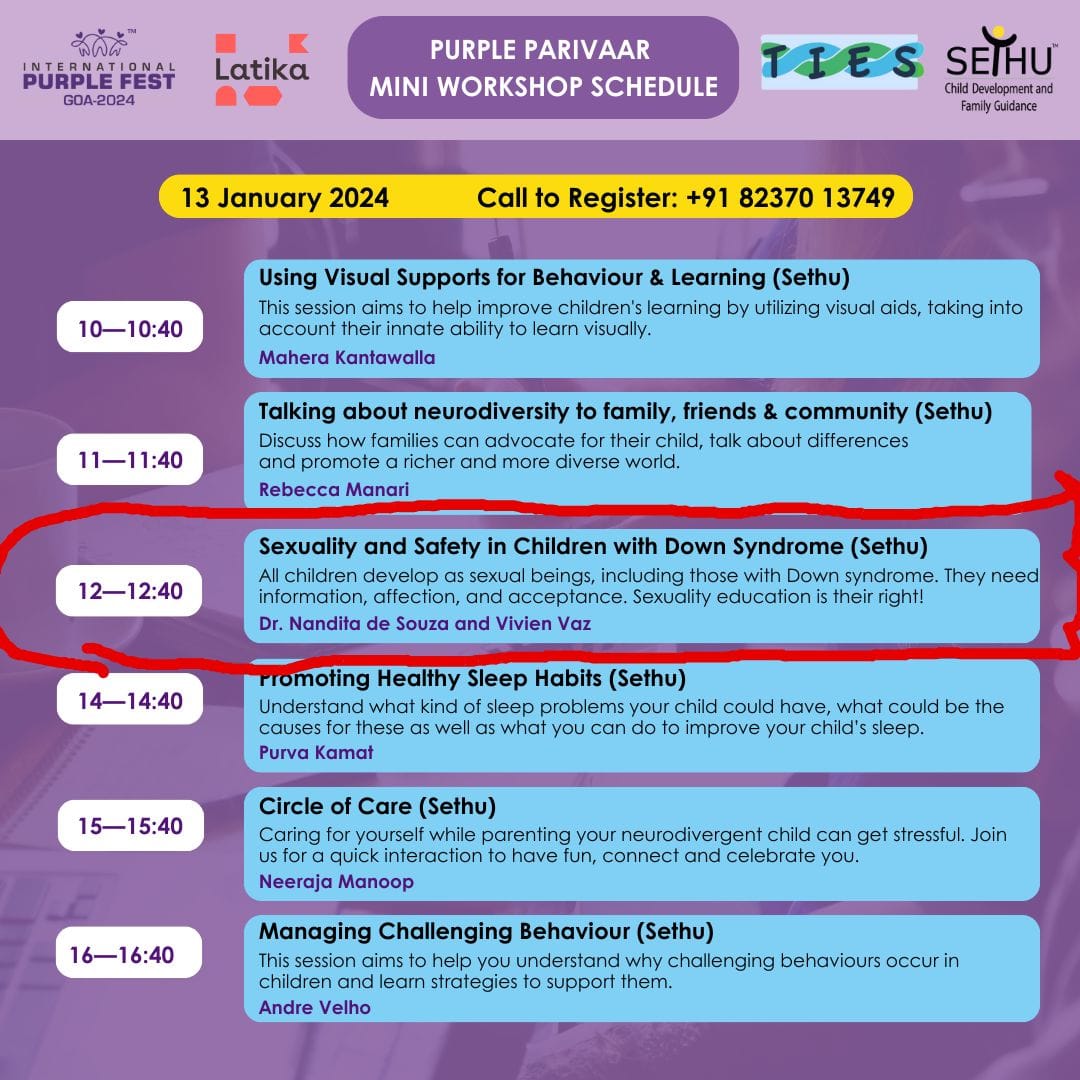 Mini workshop for parents on sexuality and safety education for children with Down Syndrome (3-12 years) tomorrow at 12 noon at Purple Parivaar. Please share the poster. Thanks!
<a href="/puneetsinghal22/">Puneet Siinghal</a> <a href="/FirstSutraFdn/">First Sutra Foundation</a> <a href="/DrVrushaliRaut/">VrushaliRautPhD डॉ वृषाली रामदास राऊत</a> <a href="/goadisability/">Disability Rights Association of Goa</a> <a href="/DGP_Goa/">DGP Goa</a> <a href="/dip_goa/">DIP Goa</a> <a href="/goascpcr/">Goa State Commission for Protection of Child Right</a> <a href="/InGoa24x7/">In Goa 24x7</a>