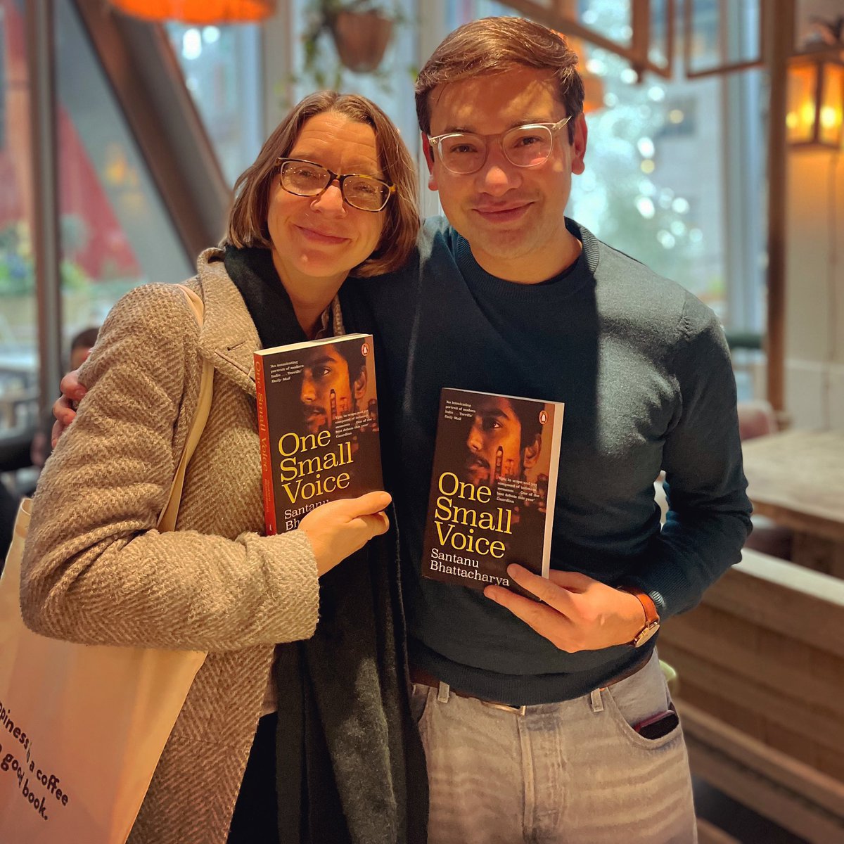 santanu_bx's tweet photo. Lunch with my brilliant editor @HelenG_W and the dazzling new paperback of #OneSmallVoice! Out Feb 22 @FigTreePenguin https://t.co/MtO2976DFM