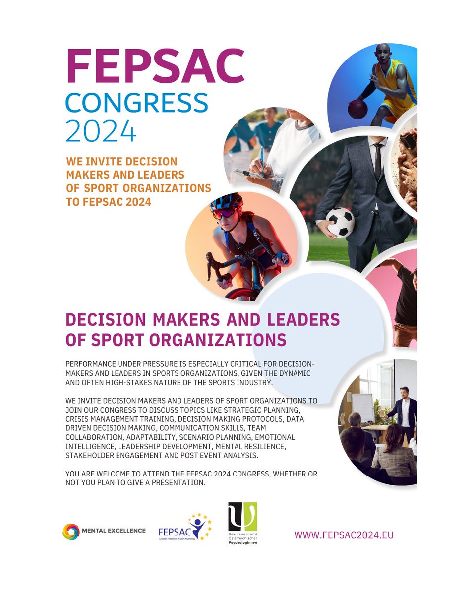 WE INVITE DECISION MAKERS AND LEADERS OF SPORT ORGANIZATIONS TO JOIN OUR CONGRESS TO DISCUSS TOPICS LIKE STRATEGIC PLANNING, CRISIS MANAGEMENT TRAINING, ADAPTABILITY, SCENARIO PLANNING, EMOTIONAL INTELLIGENCE, MENTAL RESILIENCE, STAKEHOLDER ENGAGEMENT AND POST EVENT ANALYSIS.