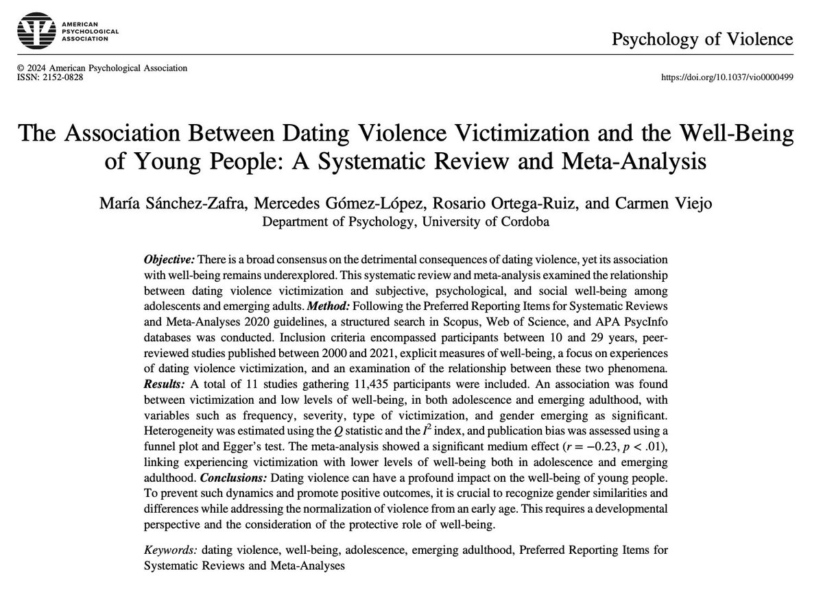 We are pleased to present a meta-analysis published in Psychology of Violence on dating violence. The results of 11 studies suggest that youth who  experience dating violence may have an impact on their well-being <a href="/mariasz981/">María Sánchez</a>, @dr_gomez_lopez, <a href="/Prof_OrtegaRuiz/">Rosario Ortega-Ruiz</a>, <a href="/dra_cviejo/">Carmen Viejo</a>