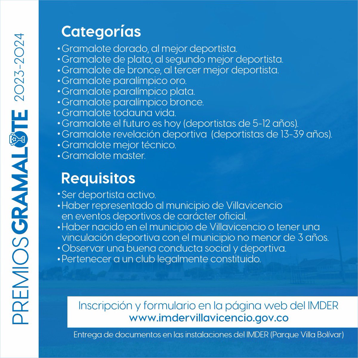 villavoimder's tweet photo. 🏅💙¡Es hora de postularte a los premios Gramalote 2023-2024! 

Reconocemos los logros de nuestros deportistas que con esfuerzo y disciplina dejan en alto el nombre de Villavicencio. 

✅ Si cumples los requisitos, no dudes en postularte a una de las 11 categorías, ¡Te esperamos! https://t.co/XSRIGKZEA4