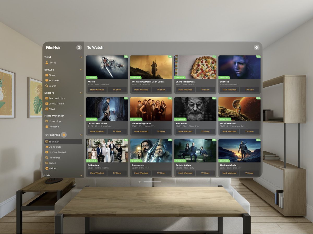 boxy37's tweet photo. It’s coming… 🍿

Just a bit of polishing and the @FilmNoirApp visionOS update is ready to submit. 

I’m really excited to have this ready on the Apple Vision Pro release day!

Track what you’re watching or want to watch. Find all the information about your favorite movies and TV shows and where to watch them.

Powered by @trakt, @themoviedb and @JustWatch.

#buildinpublic #VisionPro #iosdev