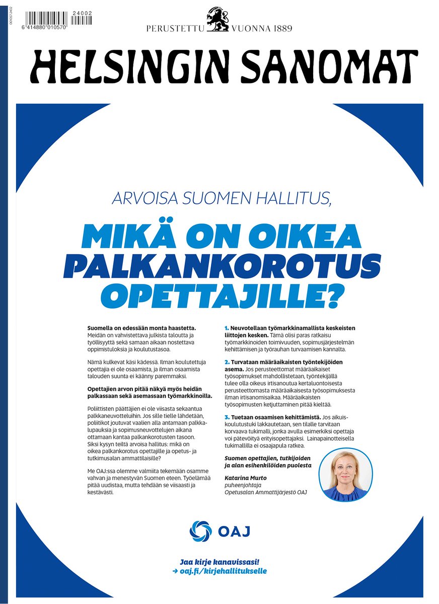 OAJ (@oajry) on Twitter photo 👋 Huomenta, hallitus!
📰 Suomen työmarkkinoita pitää uudistaa viisaasti ja kestävästi. Ratkaisuja löytyy kyllä.
✍️ Lue ja jaa kirjeemme: oaj.fi/kirjehallituks…
#politiikka #työmarkkinat #opehommat <a href="/KatarinaMurto/">Katarina Murto</a> <a href="/PetteriOrpo/">Petteri Orpo</a> <a href="/artosatonen/">Arto Satonen</a> <a href="/ir_rkp/">Riikka Purra</a> 👋 Huomenta, hallitus!
📰 Suomen työmarkkinoita pitää uudistaa viisaasti ja kestävästi. Ratkaisuja löytyy kyllä.
✍️ Lue ja jaa kirjeemme: oaj.fi/kirjehallituks…
#politiikka #työmarkkinat #opehommat <a href="/KatarinaMurto/">Katarina Murto</a> <a href="/PetteriOrpo/">Petteri Orpo</a> <a href="/artosatonen/">Arto Satonen</a> <a href="/ir_rkp/">Riikka Purra</a>