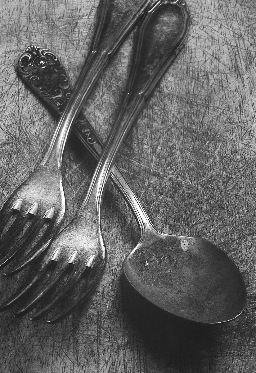 I came across some old digital scans I did from some Ilford Delta 100 negative film. The photos were captured about 30 years ago in Berlin. I found the cutlery at the flea market in Tiergarten and the background was a breadboard!  

#fineartphotography #blackandwhitephoto