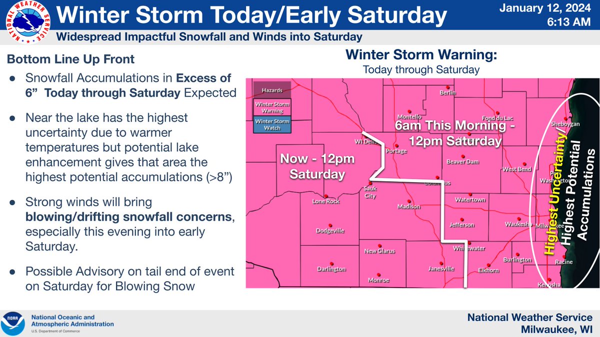 NWSMilwaukee's tweet photo. Winter Storm Warning in effect for all of southern WI with snow in excess of 6 inches expected. Some uncertainties remain right along the lake. Blowing/drifting snow will become a concern into tonight as winds increase. Arctic air blast is coming following this system. #wiwx https://t.co/muKymASIx3