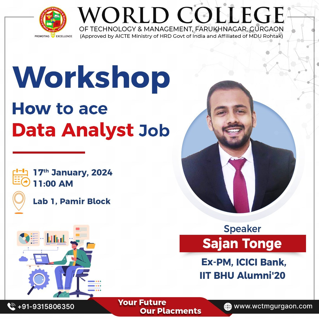 WCTM is organizing a workshop on How to ace Data Analyst Job on 17th January 2024 under the mentorship of Sajan Tonge, Ex-PM, ICICI Bank, IIT BHU Alumni'20. 
.
#WCTM #WCTMGurgaon #innovation #workshop #ace #data #analyst #job #iitalumni #facilities #professional #leadershipskills