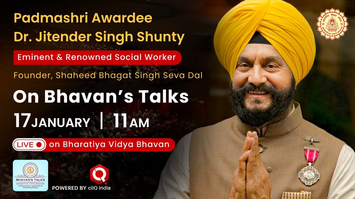 BVBC_Delhi's tweet photo. Meet "Padma Shri Awardee Dr. Jitender Singh Shunty" in our special programme "Bhavan's Talks" - 17th January 2024 at 11 am on https://t.co/Ko0WijbcSb 

#BhavansTalks https://t.co/s3vyJ34AB4