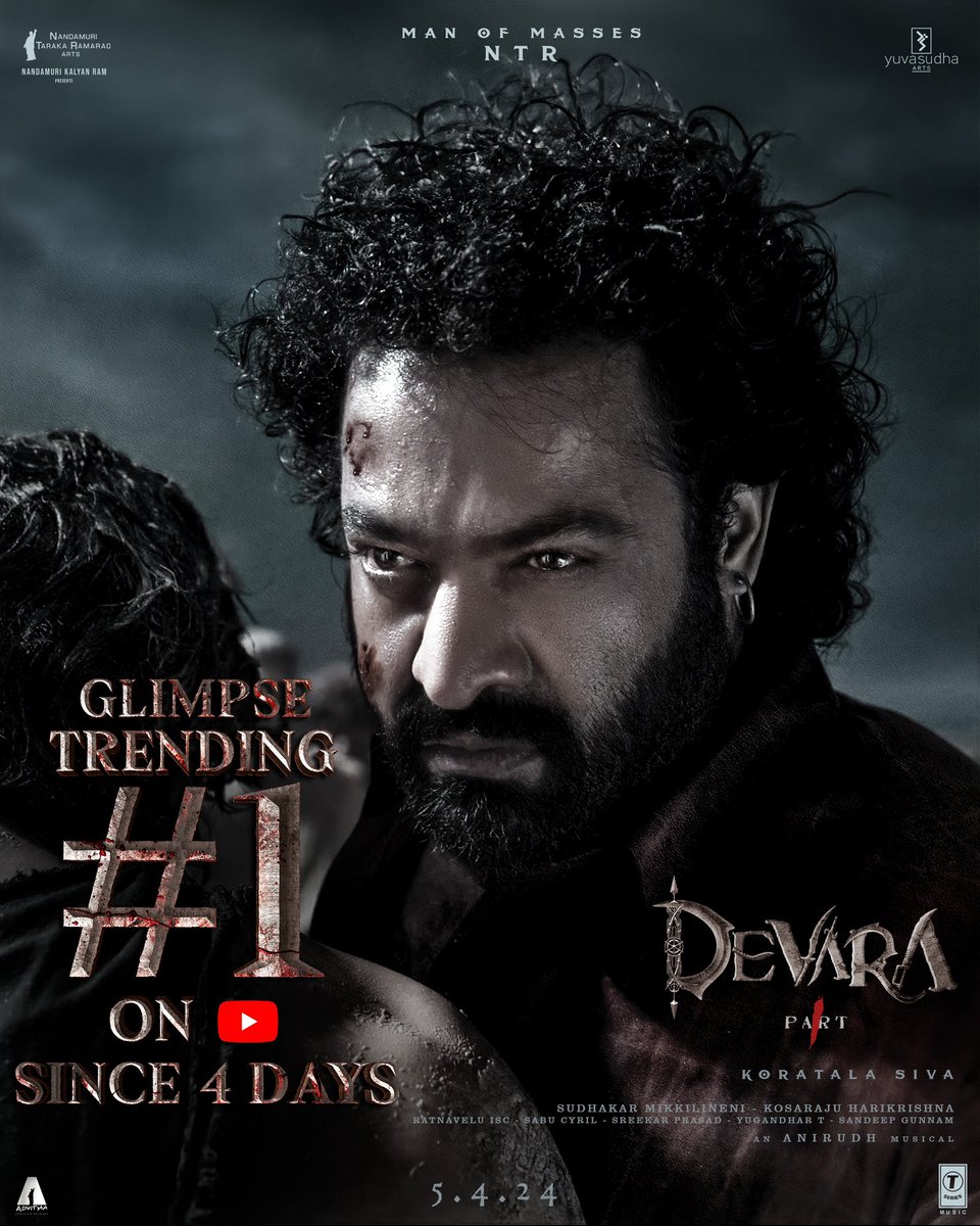 tseriessouth's tweet photo. #Devara’s dominance on YouTube is unyielding, holding the #1 spot for the past 4 days! 

#DevaraGlimpse 
https://t.co/MROGRcz2sC

@tarak9999 #KoratalaSiva #SaifAliKhan #JanhviKapoor 
@anirudhofficial
@NANDAMURIKALYAN @RathnaveluDop @sabucyril @sreekar_prasad @Yugandhart_ @YuvasudhaArts @NTRArtsOfficial @DevaraMovie @Tseries @Tseriessouth