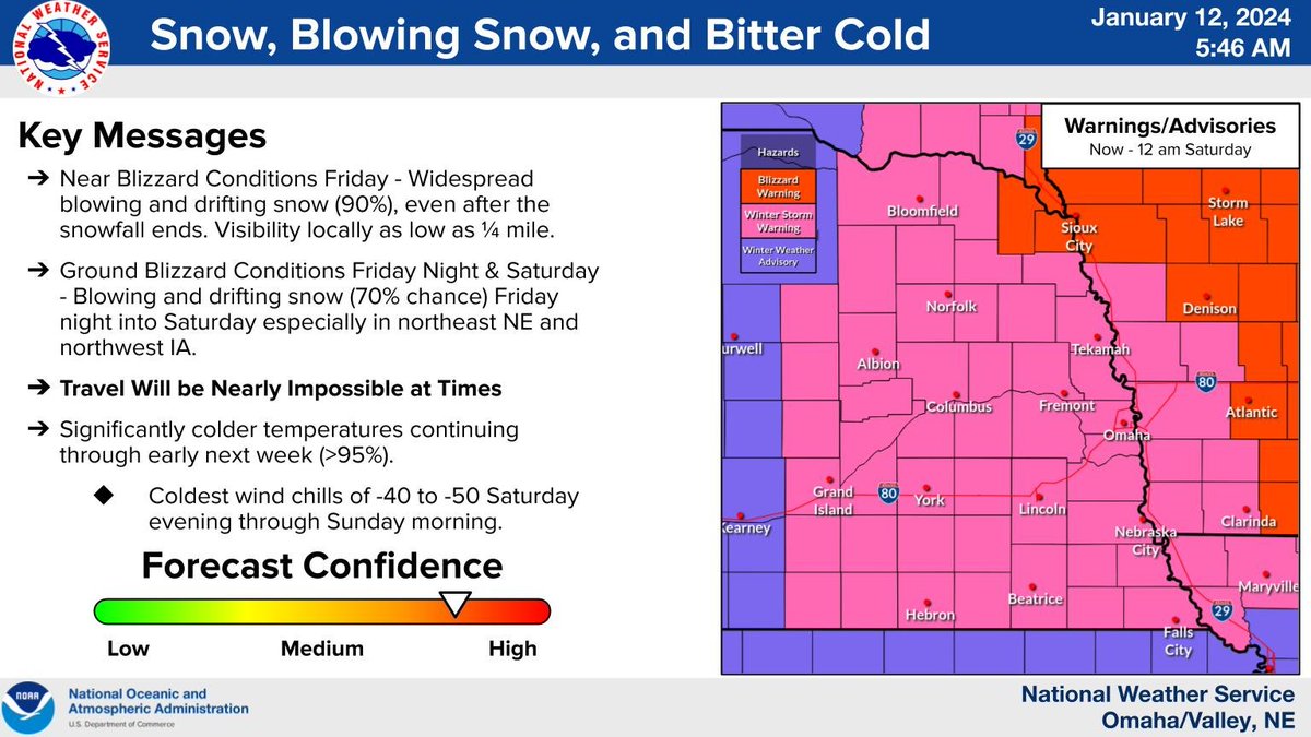 NWSOmaha's tweet photo. Wind, snow, and dangerous cold will make travel treacherous this morning, as well as tonight through Saturday.   Near-blizzard conditions will be possible at times. https://t.co/aFhUnsEglt
