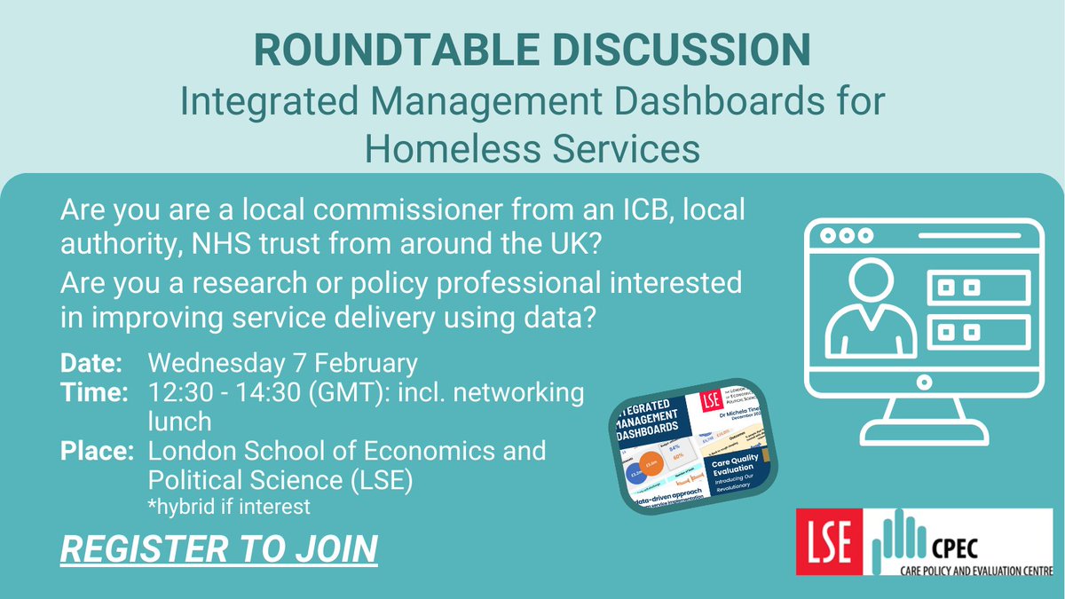 UPCOMING ROUNDTABLE: 7 FEB ❗️ Are you a local commissioner, research or policy professional interested in improving service delivery using data? 🧑‍💼 Join us to discuss how data can improve services for people experiencing #homelessness. Register: 👉 forms.office.com/Pages/Response…