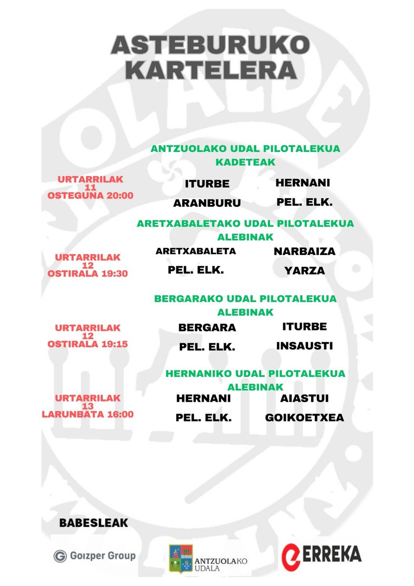 Bertan aste honetan jokatuko diren partiduak. 
#Antzuola #Gipuzkoa #Pilota #Kirola