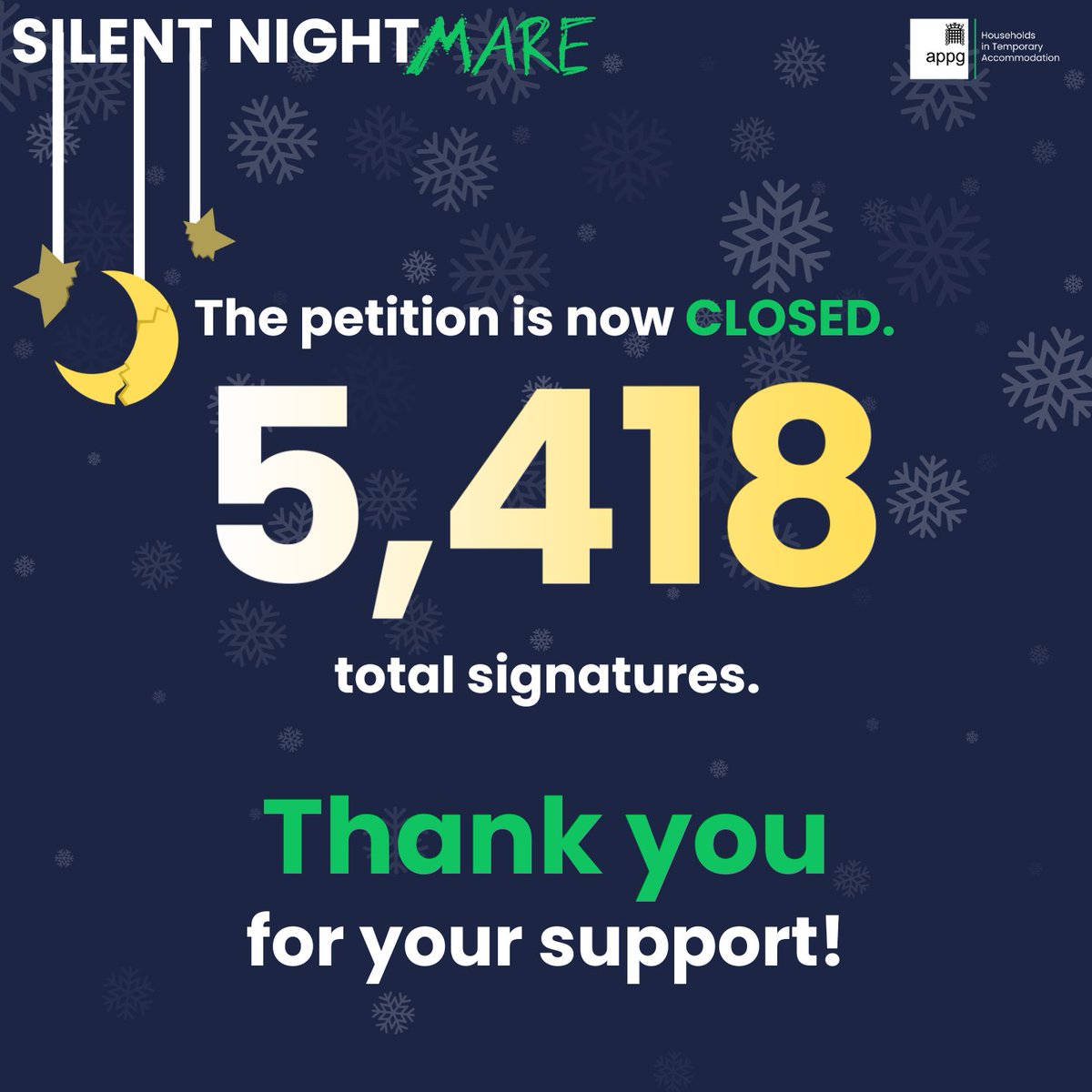 TA_APPG's tweet photo. Our #SilentNightmare petition is now closed!

Thank you to everyone who has helped us give a voice to the voiceless and ask for cots to be provided in Temporary Accommodation. 
We appreciate your support!

Our next step will be presenting the petition to the Government. https://t.co/t4WFUjbApu