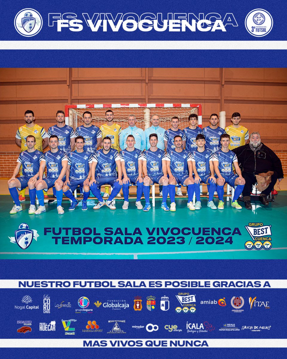 fsvivocuenca's tweet photo. 📸 Esta es la foto oficial del Fútbol Sala VivoCuenca para la temporada 2023/24  

💙Nuestra quinta temporada desde que este club nació como un sueño que parecía imposible pero que nos ha dado ya muchas y muchas alegrías.

Patrocinado por Best House Cuenca 🏠 ⚽

#FSVivoCuenca https://t.co/rMEiYdtyqz